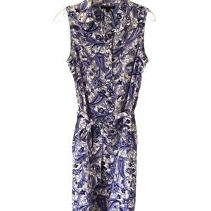 Banana Republic Paisley Sleeveless Sheath Belted Dress Blue White, Size 6